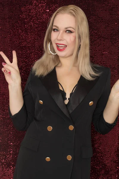 Beautiful Young Blonde Woman Black Dress Jacket Posing Red Shiny — Stock Photo, Image