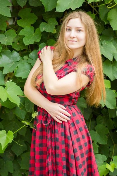 Portrait of a beautiful young woman with long brown hair  Girl posing against a wall of green leaves — Stock Photo, Image