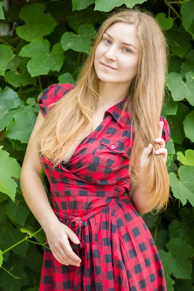Retrato de una hermosa joven con el pelo largo y castaño Chica posando contra una pared de hojas verdes —  Fotos de Stock