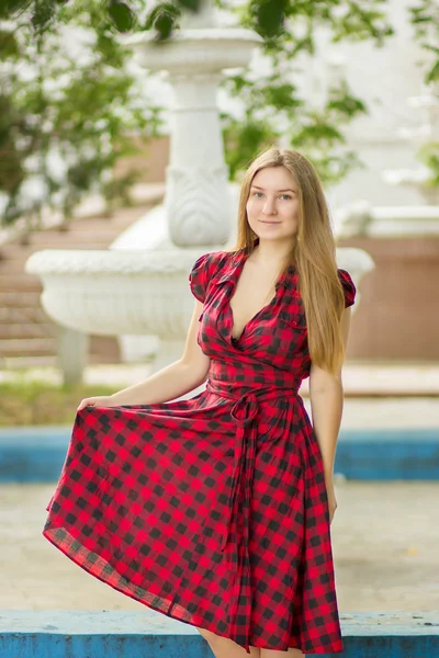 Retrato de una hermosa mujer joven con el pelo largo y castaño en un vestido a cuadros de longitud media. Niña posando en el parque sobre un fondo de la fuente para discapacitados —  Fotos de Stock