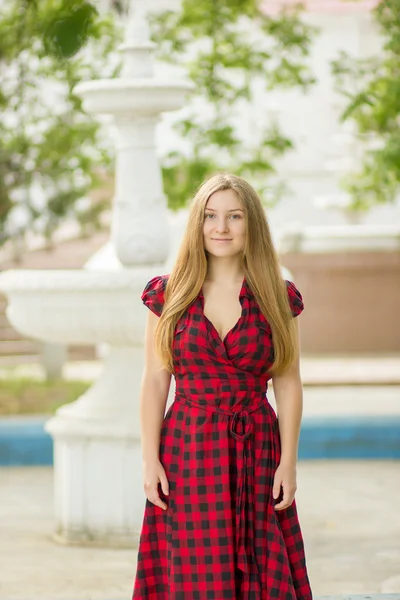 Portrait d'une belle jeune femme aux longs cheveux bruns dans une robe à carreaux de longueur moyenne. Fille posant dans le parc sur un fond de fontaine pour handicapés — Photo