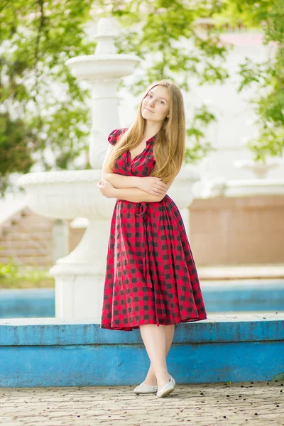 Portrait d'une belle jeune femme aux longs cheveux bruns dans une robe à carreaux de longueur moyenne. Fille posant dans le parc sur un fond de fontaine pour handicapés — Photo