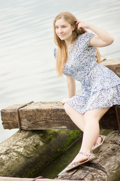 Retrato de una hermosa joven con el pelo largo y castaño en un vestido corto con un patrón floral. Chica es relajarse en el estanque en vigas de madera —  Fotos de Stock