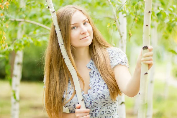 Retrato de una hermosa joven con el pelo largo marrón en la naturaleza en un vestido con un patrón floral. Chica descansando en un bosque de abedul —  Fotos de Stock