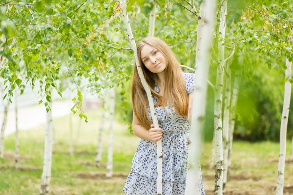 Portrait d'une belle jeune femme aux cheveux longs bruns sur la nature dans une robe à motif floral. Fille reposant dans une forêt de bouleaux — Photo