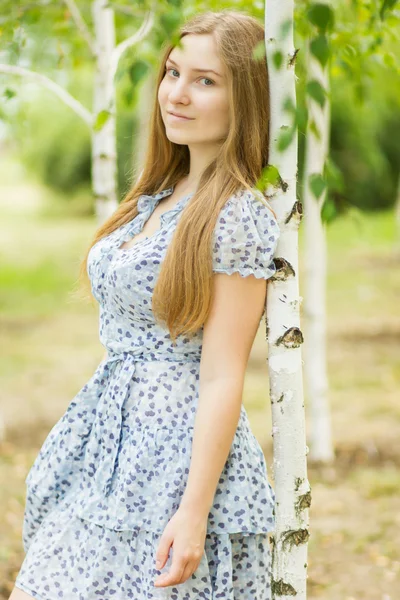 Retrato de una hermosa joven con el pelo largo marrón en la naturaleza en un vestido con un patrón floral. Chica descansando en un bosque de abedul —  Fotos de Stock