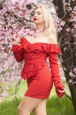 Sarışın kadın, kırmızı omuzlu benekli elbisesiyle kiraz çiçekleri kokluyor. Çiçek arkaplanlı romantik bahar portresi.