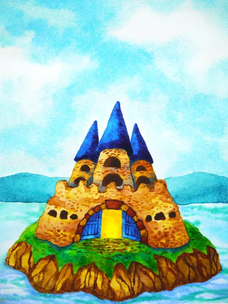 ヴィンテージ中世の城水彩画イラストデザインハンドドローイング — ストック写真