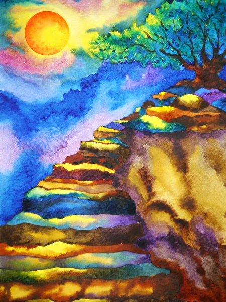 Art Abstrait Arbre Montagne Pleine Lune Nuit Aquarelle Peinture Illustration — Photo