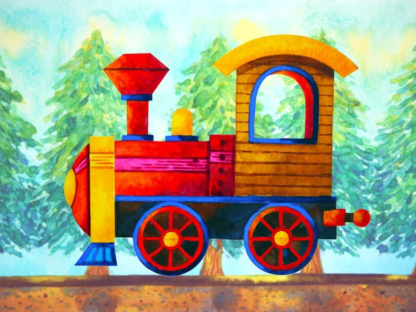 Piros Vonat Retro Rajzfilm Akvarell Festmény Utazás Karácsonyfa Erdő Illusztráció — Stock Fotó