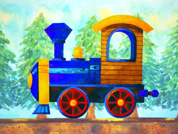 Azul Tren Retro Dibujos Animados Acuarela Pintura Viaje Navidad Pino —  Fotos de Stock