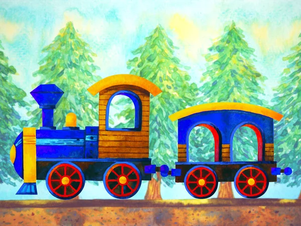 Μπλε Τρένο Ρετρό Ζωγραφική Ακουαρέλα Κινουμένων Σχεδίων Ταξίδι Στο Χριστουγεννιάτικο — Φωτογραφία Αρχείου