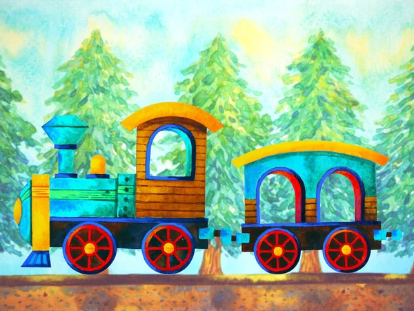 Blue Train Retro Cartoon Watercolor Painting Travel Christmas Pine Tree — Stock Photo, Image