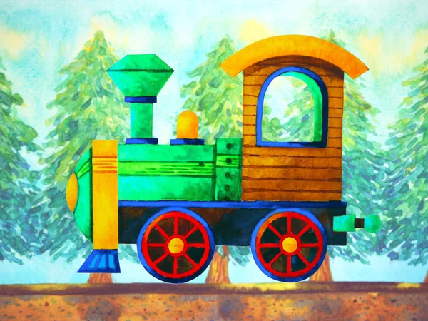 Verde Tren Retro Dibujos Animados Acuarela Pintura Viaje Navidad Pino —  Fotos de Stock