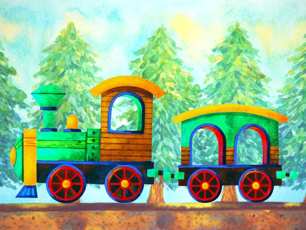 Verde Tren Retro Dibujos Animados Acuarela Pintura Viaje Navidad Pino — Foto de Stock