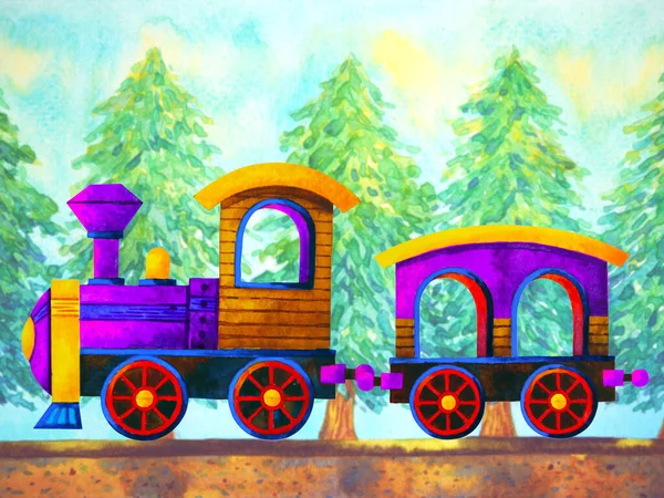 Trem Violeta Retro Desenho Animado Aquarela Pintura Viagem Natal Pinheiro — Fotografia de Stock