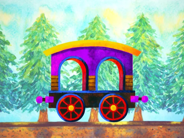 Violeta Tren Retro Dibujos Animados Acuarela Pintura Viaje Navidad Pino — Foto de Stock