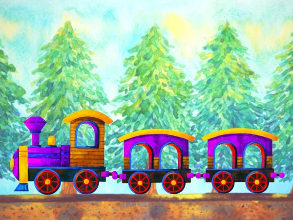 Violet Train Retro Cartoon Watercolor Painting Travel Christmas Pine Tree — Stock Photo, Image