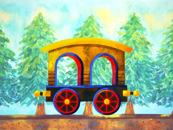 Sarı Tren Retro Karikatür Suluboya Resim Çizimi Noel Ağacı Çam — Stok fotoğraf