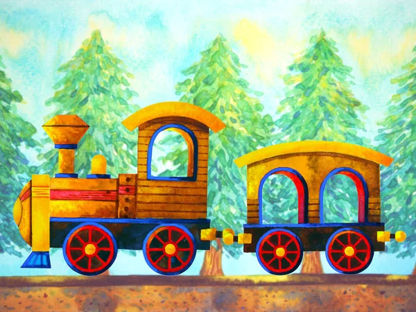 Amarillo Tren Retro Dibujos Animados Acuarela Pintura Viaje Navidad Pino —  Fotos de Stock