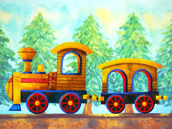 yellow train retro cartoon watercolor painting travel in christmas pine tree forest illustration design hand drawing