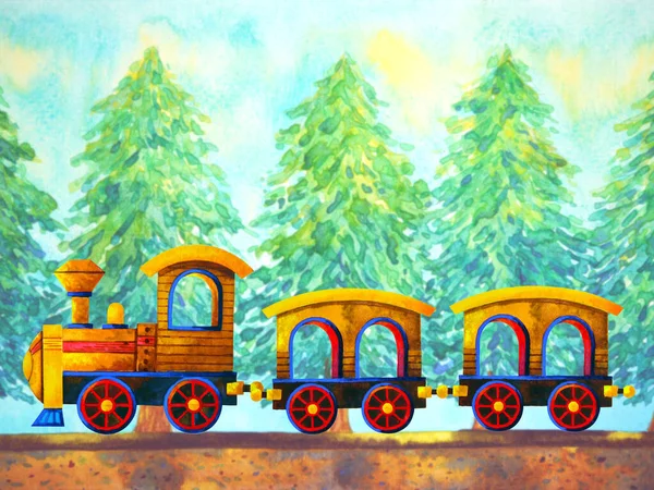 Treno Giallo Retro Cartone Animato Acquerello Pittura Viaggio Albero Natale — Foto Stock