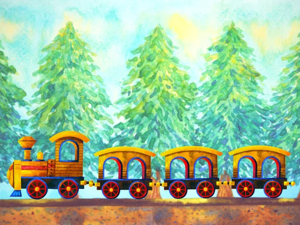 Yellow Train Retro Cartoon Watercolor Painting Travel Christmas Pine Tree — Stock Photo, Image