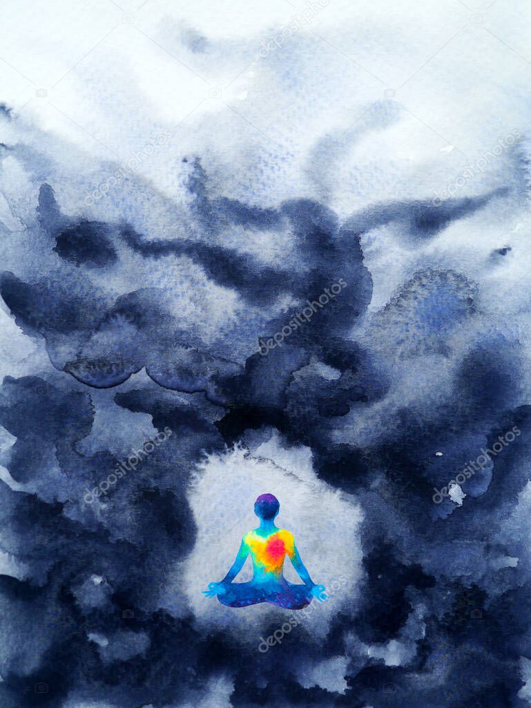 chakra human mind reiki meditation spiritual calm peace in deep dark mental watercolor painting illustration design hand drawing