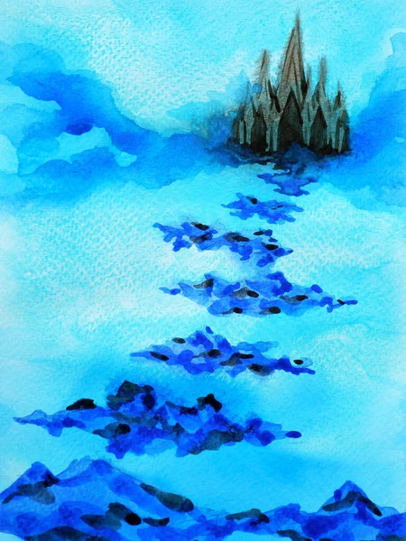 Castelo Preto Céu Azul Aquarela Pintura Ilustração Design Mão Desenho — Fotografia de Stock
