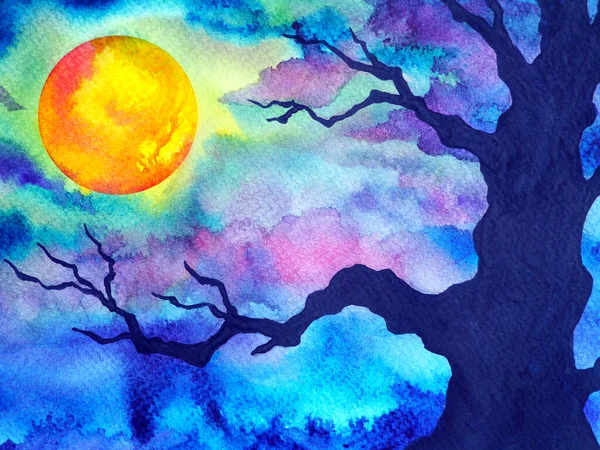 Luna Llena Noche Oscura Halloween Fondo Acuarela Pintura Ilustración Diseño —  Fotos de Stock