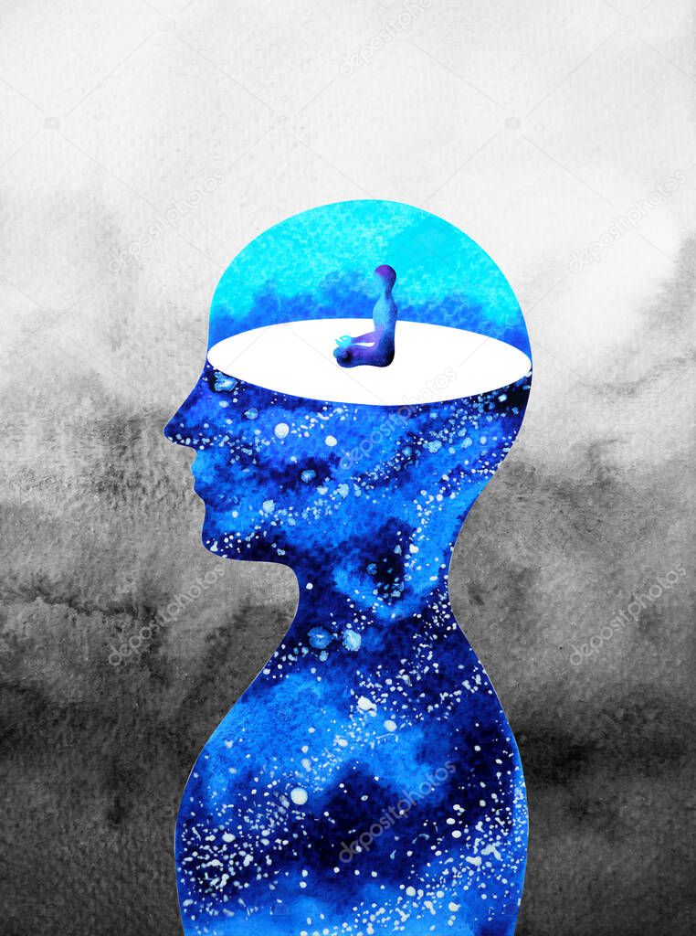 human meditation inside head mind spiritual abstract watercolor painting illustration design hand drawing