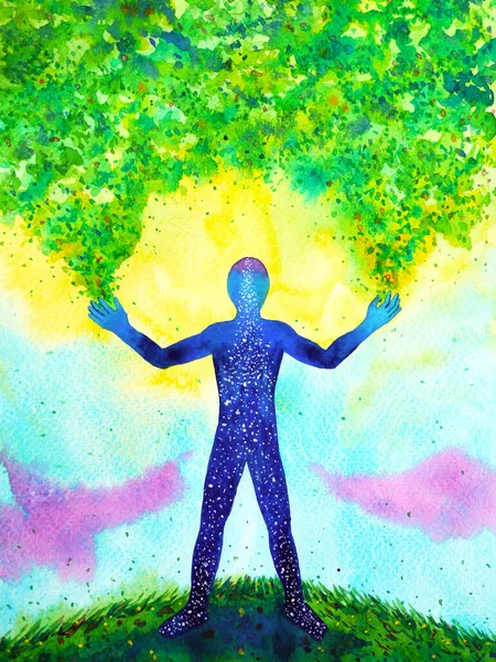 İnsan zihni manevi güç ağacı ormanı ortamı suluboya resim tasarımı el çizimi iyileştirme