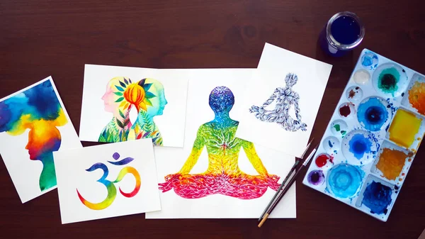 chakra human lotus pose yoga abstract mind mental power watercolor painting illustration design hand drawing selected focus