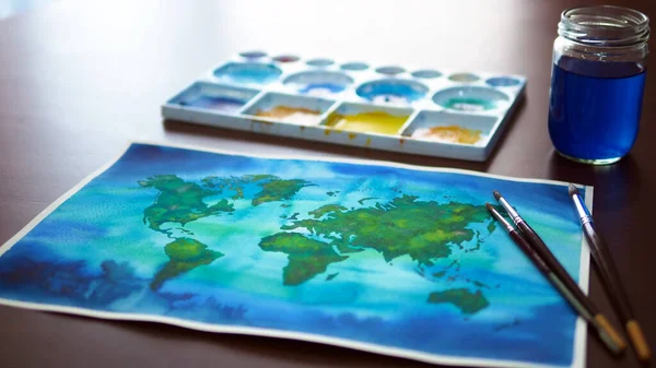 Mapa Del Mundo Acuarela Pintura Arte Ilustración Diseño Mano Dibujo —  Fotos de Stock