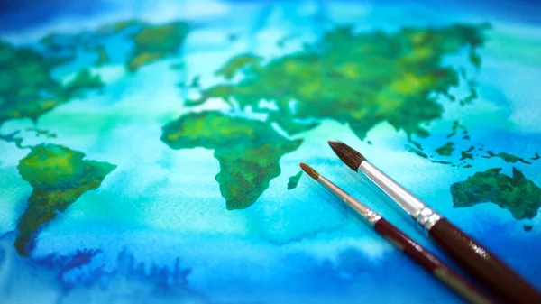 世界地図水彩画イラストデザインハンドドローイング — ストック写真