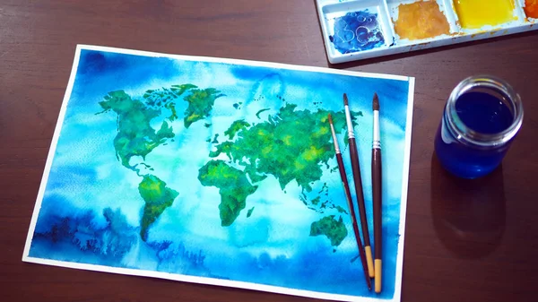 Mapa Del Mundo Acuarela Pintura Arte Ilustración Diseño Mano Dibujo —  Fotos de Stock