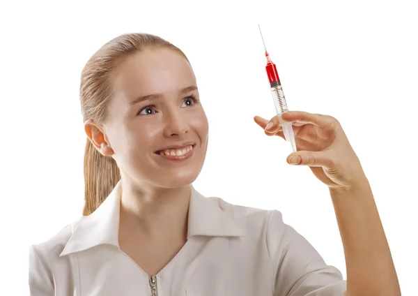 Beautiful woman  with a syringe injection vaccination medicine — Stock Photo, Image