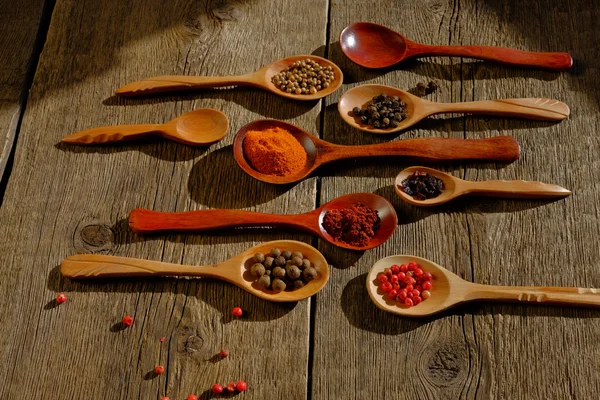 Assorted spices on the wooden spoon on the wooden background — Stock Photo, Image
