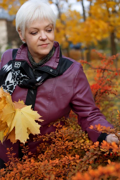 Güzel kadın kıdemli rahatlatıcı Sonbahar Park — Stok fotoğraf