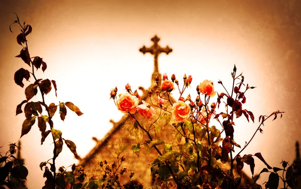 Cross and roses. A church in Dinan — Stock Photo, Image