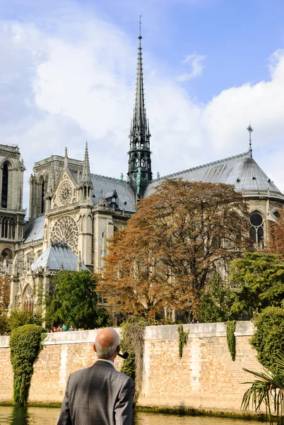 Velho cavalheiro olhando para a catedral de Notre Dame — Fotografia de Stock