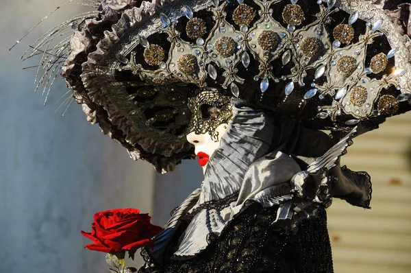 Máscara romântica com rosa durante o Carnaval . — Fotografia de Stock