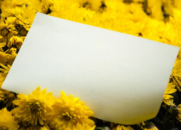 白紙のメモは黄色のヒナギクの美しい花束に接続されています。ありがとうやグリーティング カードのアイデア. — ストック写真