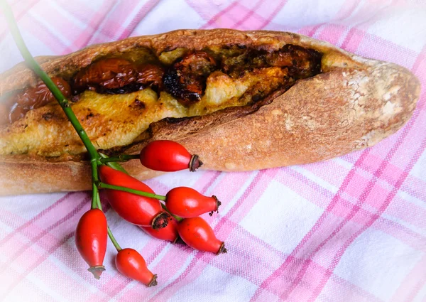 Deliciosa bruschetta italiana con tomate secado al sol, aceite de oliva y pesto de albahaca sobre una vieja toalla a cuadros. Estilo rústico . — Foto de Stock