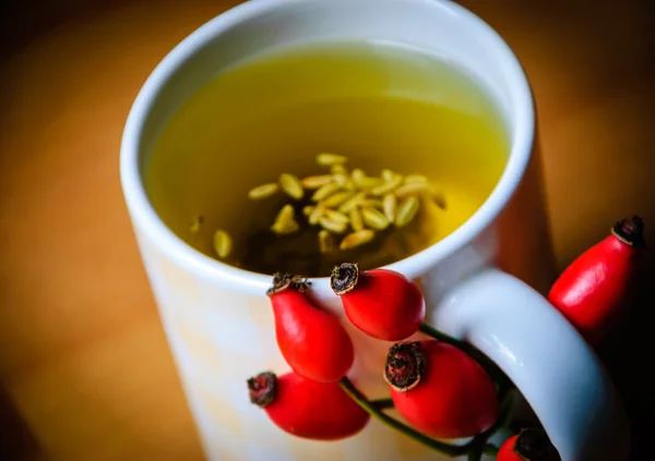 Secangkir teh adas dengan biji dengan rosehip dan dekorasi kastanye. Sudut pemutih . — Stok Foto