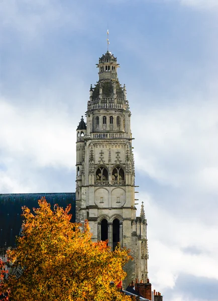 Turlar ve sonbahar ağacı Saint Gatien Gotik katedral. (Val de Loire, Fransa) — Stok fotoğraf