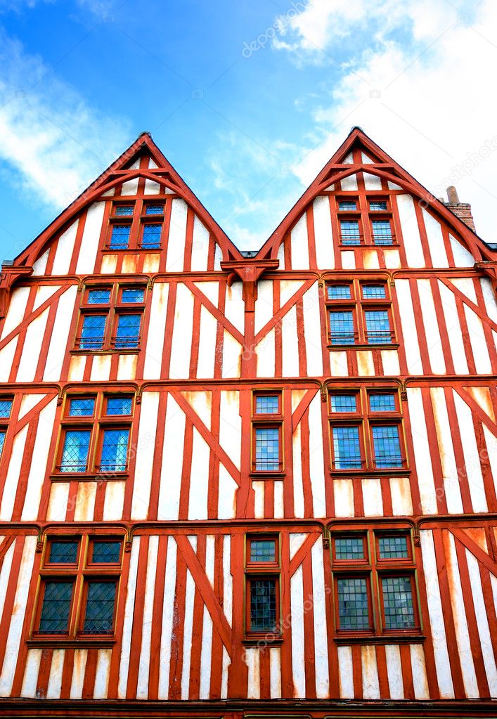 Old half timbered colorful house in medieval town of Tours. (Val de Loire, France)