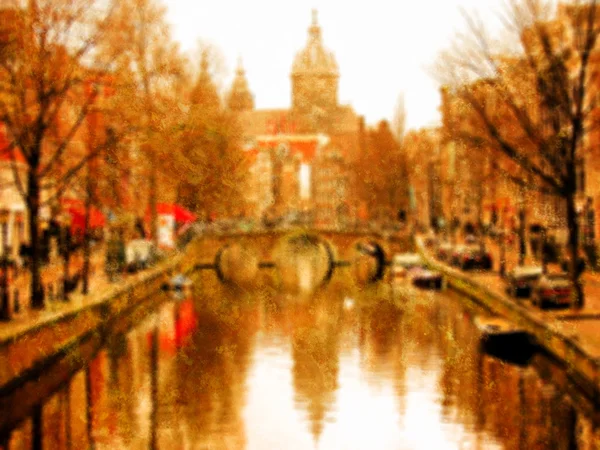 Amsterdam canal with bridge and a view on Basilica of Saint Nicholas (Sint-Nicolaasbasiliek) with its reflection on water. Blurred toned photo with scratches. — Stock Photo, Image