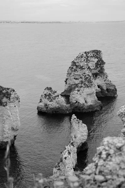 ซุ้มหิน ถ้ํา หินก่อตัวที่หาด Dona Ana (ลาโกส อัลการ์ฟ ชายฝั่ง โปรตุเกส) ในแสงเย็น ดอกไม้พร่ามัวที่ด้านหน้า รูปทรงของอาคารในเมืองบนเส้นขอบฟ้า ดําและขาว . — ภาพถ่ายสต็อก