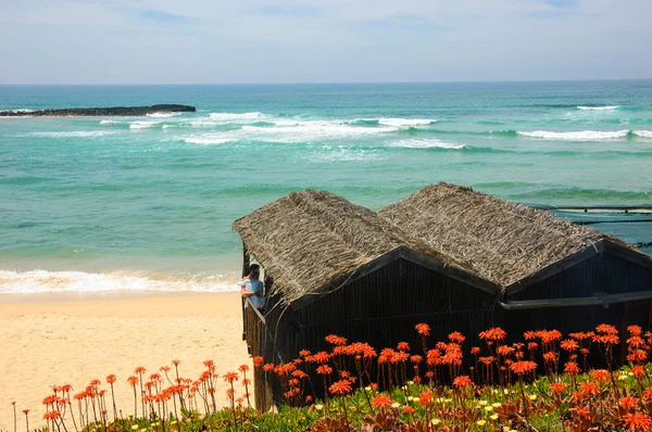 Casal no café bungalow praia com vista para o mar. Algarve, Sul de Portugal. Floração Aloe Vera cacto flores em primeiro plano . — Fotografia de Stock